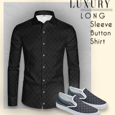 Combo Luxury GG " Midnight Pattern" Long Sleeve Button Shirt Matching Slip On - CCY-LRX-Max07174