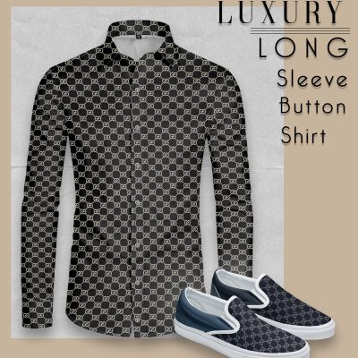 Combo Luxury GG " Gold Pattern" Long Sleeve Button Shirt Matching Slip On-CCY-LRX-LXC1717F1