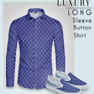 Combo Luxury GG " Sea Blue Pattern" Long Sleeve Button Shirt Matching Slip On-CCY-LRX-TDP17670